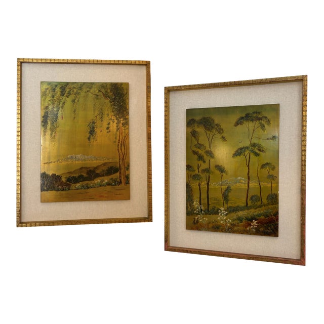 Pair of Vintage Original Oil on Board With New Linen Float Mat and Original Wood and Gold Leaf Frames For Sale