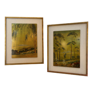 Pair of Vintage Original Oil on Board With New Linen Float Mat and Original Wood and Gold Leaf Frames