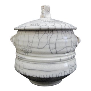 Raku Fired Crackle Glaze Studio Art Pottery Lidded Vessel Jar Signed For Sale