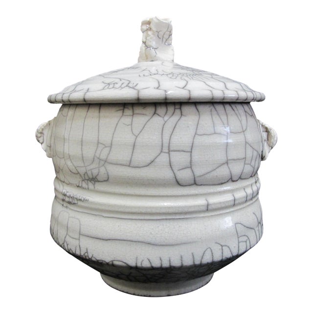 Raku Fired Crackle Glaze Studio Art Pottery Lidded Vessel Jar Signed For Sale