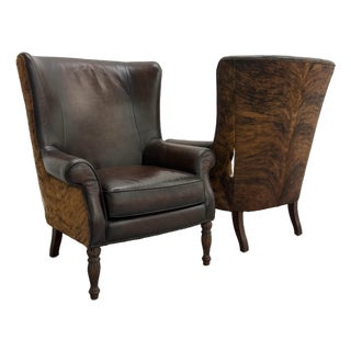 Vintage Bernhardt Leather and Cowhide Wingback Chairs - Pair For Sale
