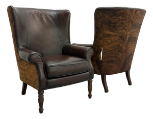 Vintage Bernhardt Leather and Cowhide Wingback Chairs - Pair