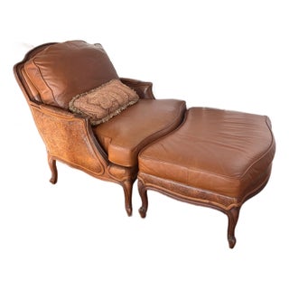 1990s Ethan Allen Bergere Leather Chair and Ottoman For Sale