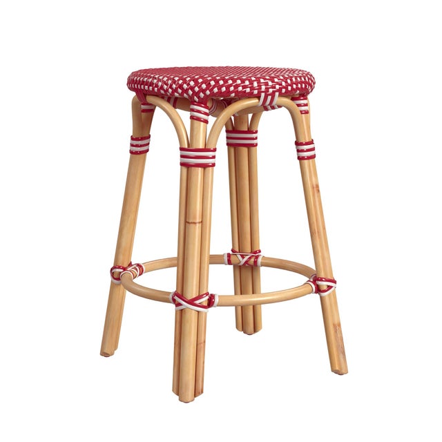 Red Tobias 24 in. Seat Height Round Rattan Backless Counter Stool, Red/White Dot/ Natural Rattan Frame For Sale - Image 8 of 8