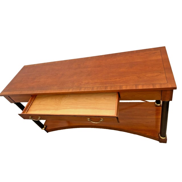 1990s Vintage Ethan Allen Sofa Console Table, Regency Neo Classical, Cherry, Brass X Stretcher For Sale - Image 5 of 14