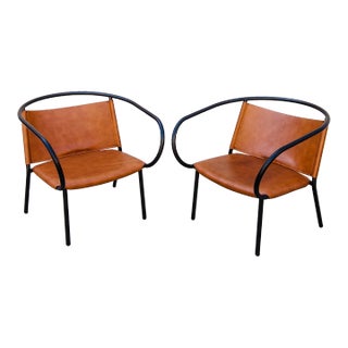 Pair of Leather and Steel Lounge Chairs in Cognac by Afteroom For Sale