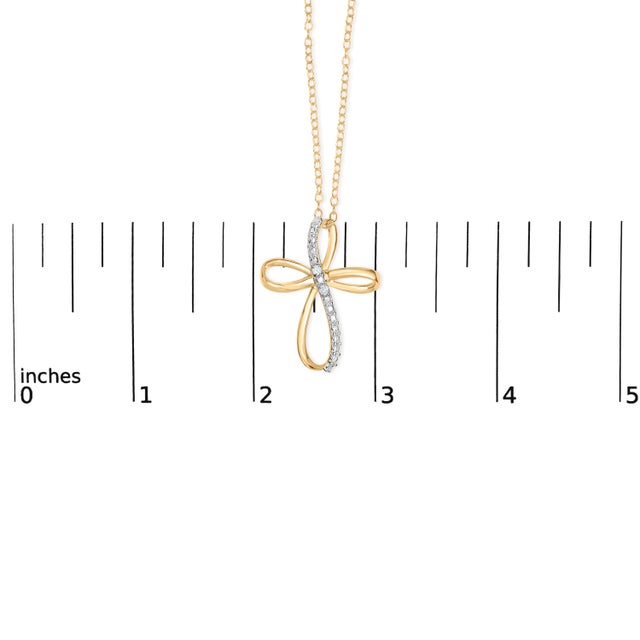 10K Yellow Gold Plated .925 Sterling Silver Diamond Accent Cross Ribbon 18" Pendant Necklace (I-J Color, I2-I3 Clarity) For Sale In New York - Image 6 of 6