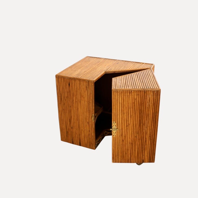 1970s Corner Rattan Bar with Triangular Patterned Top, Brass Hardware and Casters and Wooden Interior with Shelves, Italy, 1970s For Sale - Image 5 of 10