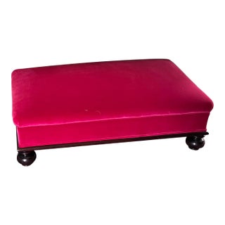 Custom Fuchsia Pink Velvet Cocktail Ottoman With Dark Wood Base & Bun Feet For Sale