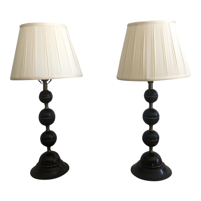 Brass and Wooden Stacked Ball Table Lamps - a Pair For Sale