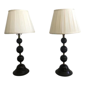 Brass and Wooden Stacked Ball Table Lamps - a Pair