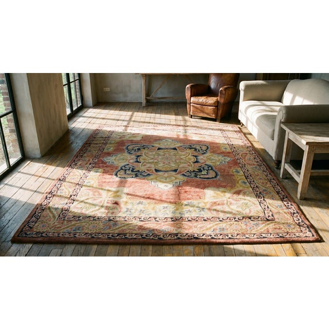 1920s Salmon Medallion Folk Art Antique American Hooked Rug 6'0" X 8'0" Handknotted Wool Carpet For Sale - Image 9 of 9