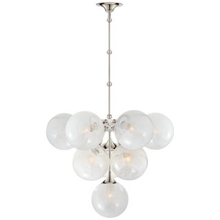 AERIN for Visual Comfort Signature Cristol Tiered Chandelier in Polished Nickel with White Strie Glass For Sale