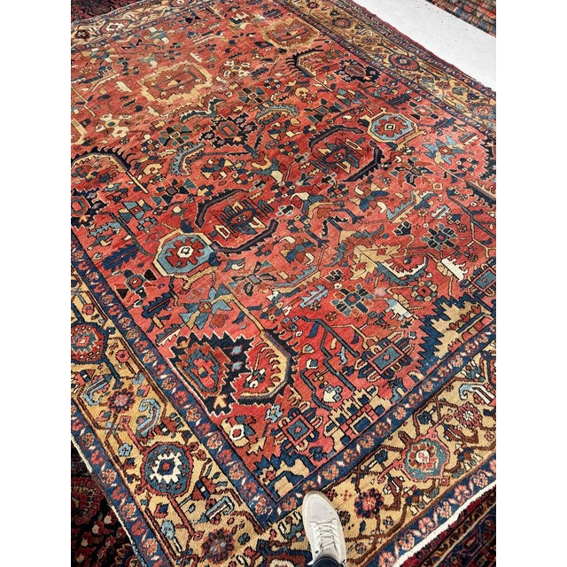 Antique Heriz Village Carpet Rare Camel Border with Coral Ground in Naive Harshang Design with Sickle Leaf Motif Rug 9.4 x 11.4 For Sale - Image 12 of 16