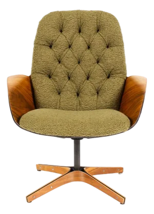 Vintage Mid Century Plycraft Walnut George Mulhauser Lounge Chair— Mrs. Chair — Olive Bouclé
