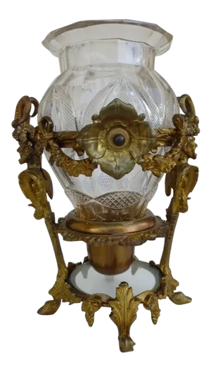 French Cut Glass Baccarat Style Vase With Heavy Dore Bronze Mount of Satyrs