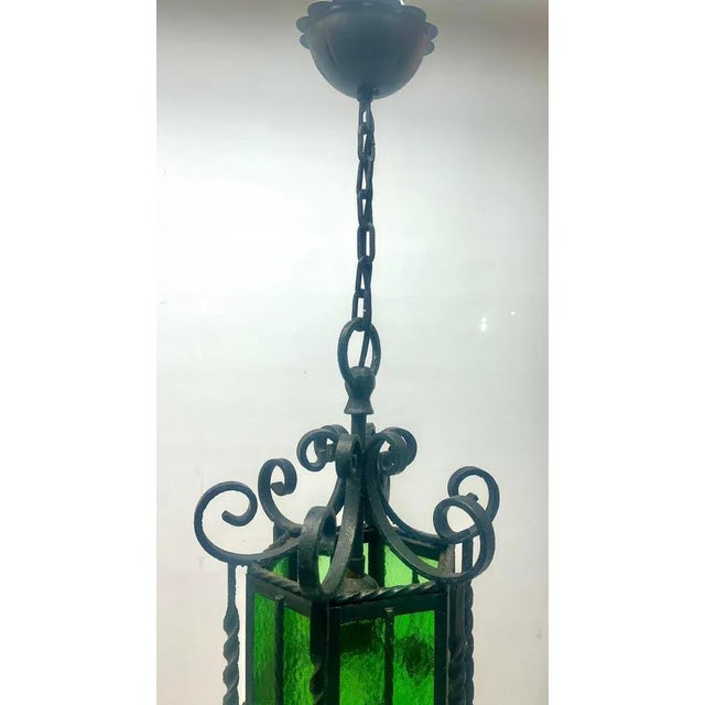 Arts & Crafts Forget and Colored Glass Pendant Lobby Lamp, 1930s For Sale - Image 6 of 11