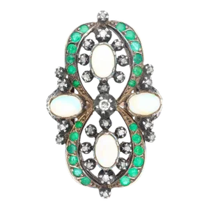 Antique Victorian Era 1800s Opal, Emerald, Diamond Ring in Gold and Silver Size 6