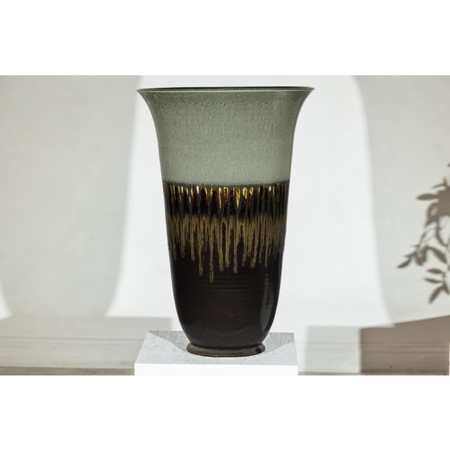 Contemporary Late 20th Century Artisan Large Ceramic Planter with Green-Grey, Brown, and Ochre Drip Glaze For Sale - Image 3 of 18