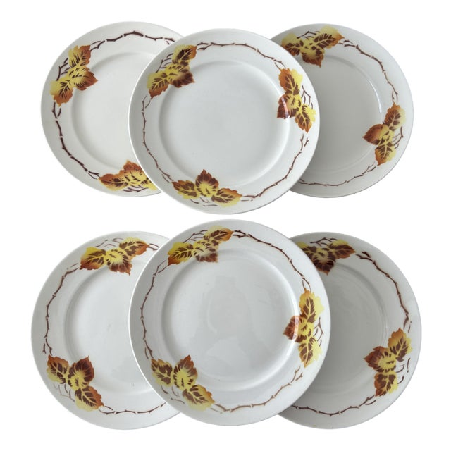 French Earthenware Plates with Autumn Leaf Pattern from Moulin Des Loups, 1950s, Set of 6 For Sale
