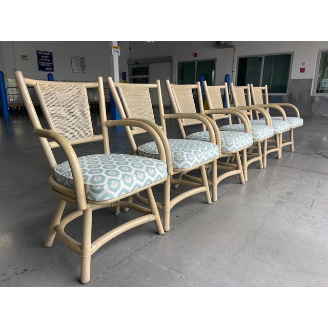 Vintage Organic Modern Rattan Swivel Dining Chairs With Arms and Cane Backs – Set of 6 For Sale - Image 12 of 17