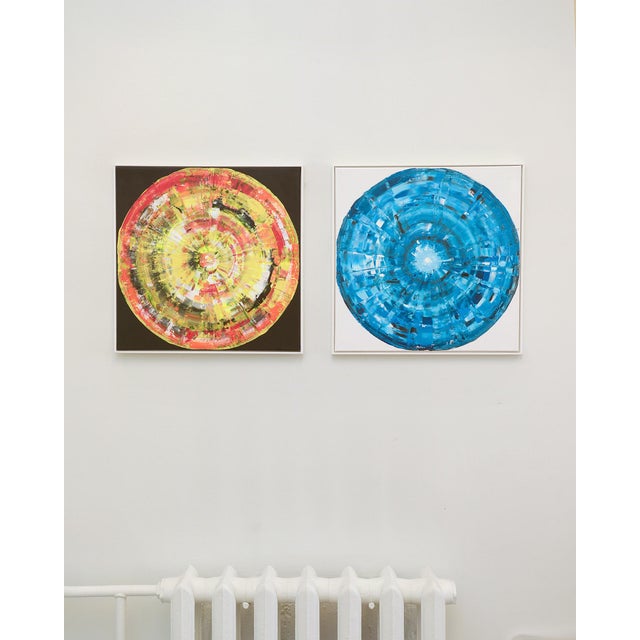Unique Paintings "Colored Circle on Black" and "Blue Circle on White" Set of two Paintings. Each painting is framed in...