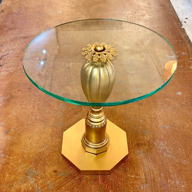 Glass Vintage Hollywood Regency Gilt Pedestal Accent Table With Glass Top For Sale - Image 7 of 10