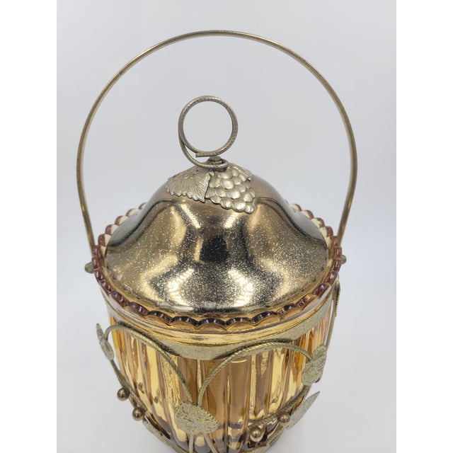 Mid 20th Century Japanese Amber Optic Glass Musical Biscuit Jar With Grape Leaf Filigree For Sale - Image 4 of 12