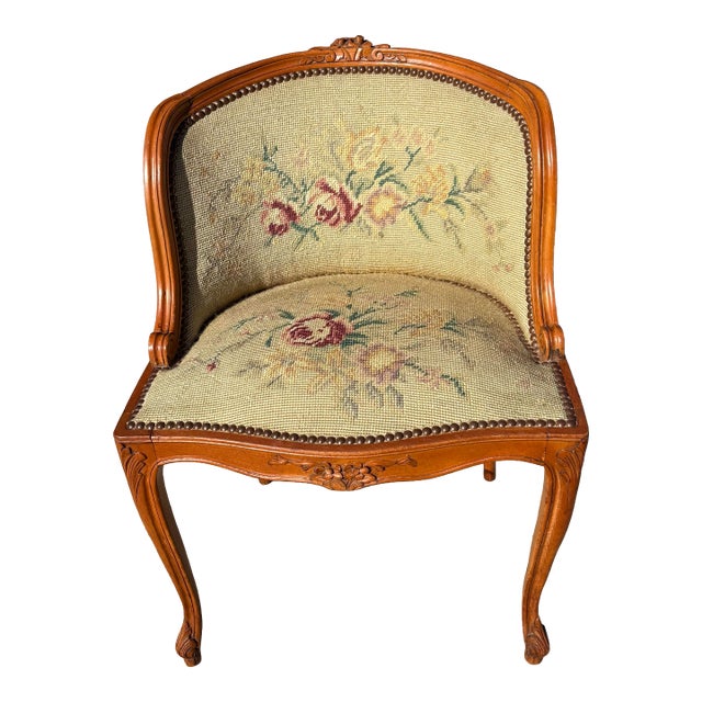 Vintage French Needlepoint Vanity Slipper Chair For Sale