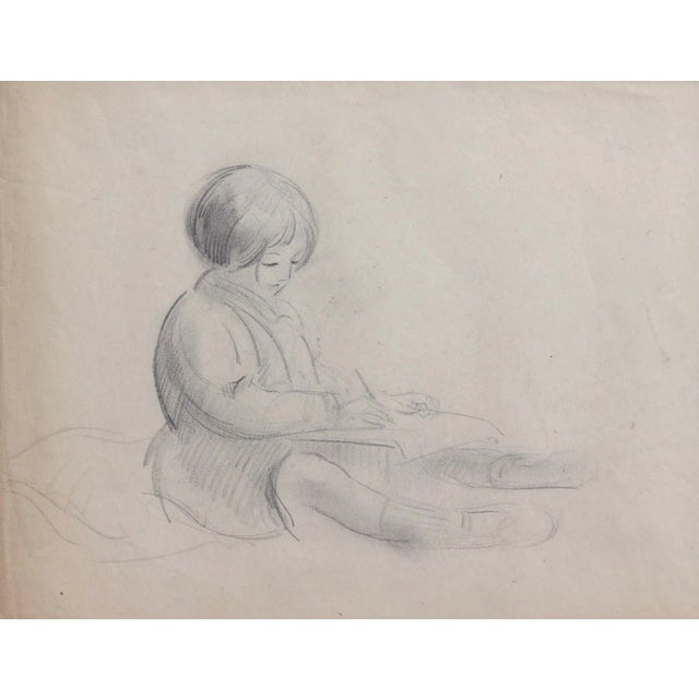 Guillaume Dulac, Portrait of a Young Girl Writing, 1920s, Pencil on Art Paper For Sale