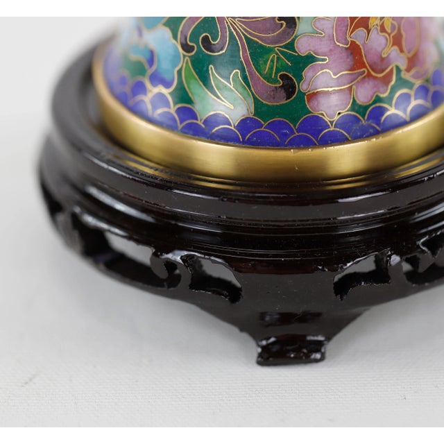 Vintage Cloisonné Pair Jars With Carved Wood Stand For Sale - Image 9 of 10