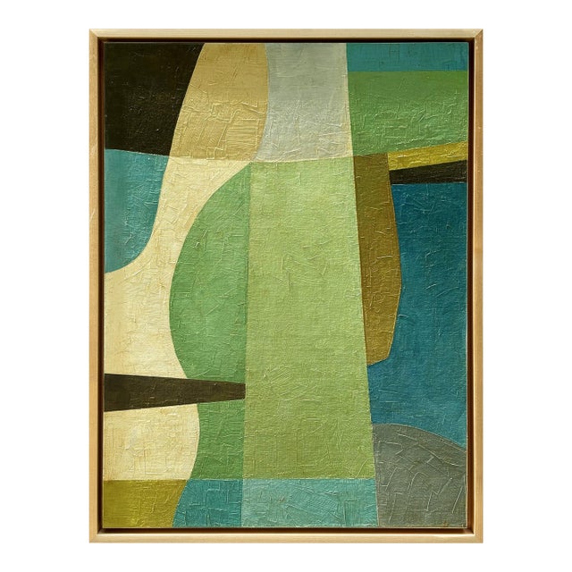 Contemporary "Shades of Green" Abstract Oil Painting in Maple Float Frame For Sale