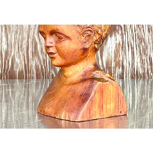 Chocolate Vintage Hand Carved Wood Bust of Child Sculpture For Sale - Image 8 of 12