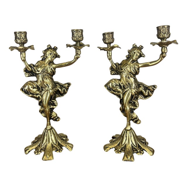 Vintage French Brass Candleholders, Set of 2 For Sale
