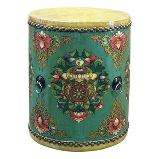 Teal Turquoise Green Tibetan Drum Style Lotus Jewel Graphic Table Stool For Sale