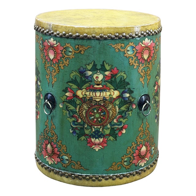 Teal Turquoise Green Tibetan Drum Style Lotus Jewel Graphic Table Stool For Sale
