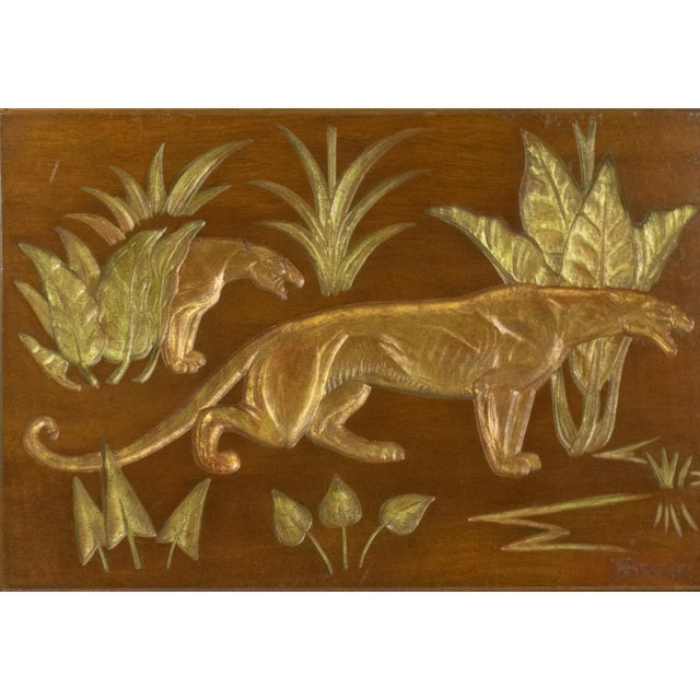 Brown Art Deco Engraved Wood Panel of Panthers, by N.R. Brunet, circa 1930 For Sale - Image 8 of 16