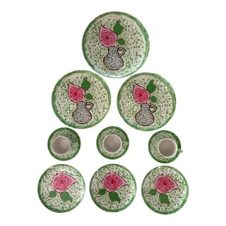Gloria Vanderbilt's Green and Pink Rose Dinnerware for Taste Setter by Sigma-Set of 12 For Sale