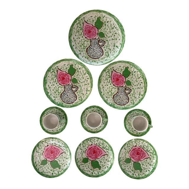 Gloria Vanderbilt's Green and Pink Rose Dinnerware for Taste Setter by Sigma-Set of 12 For Sale
