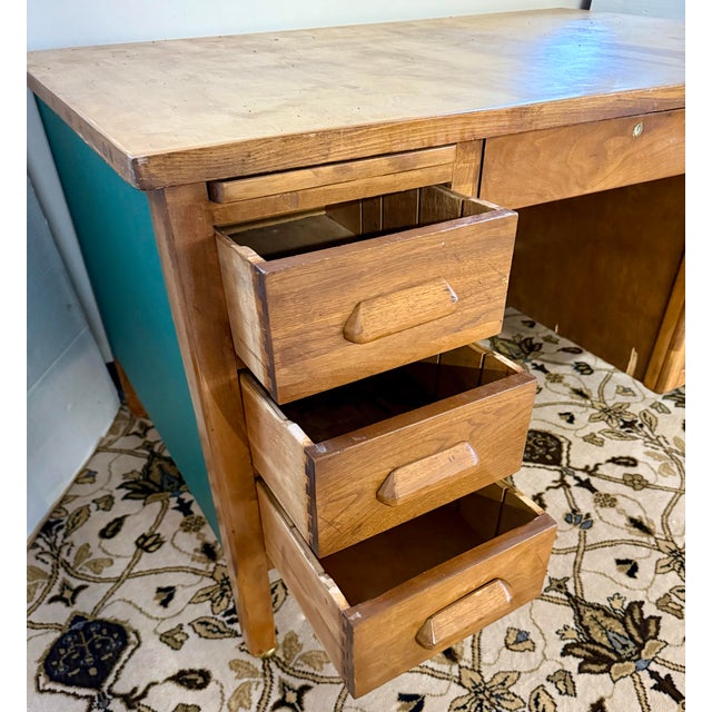 Wood Vintage Solid Oak Pedestal Desk With Drawers For Sale - Image 7 of 11