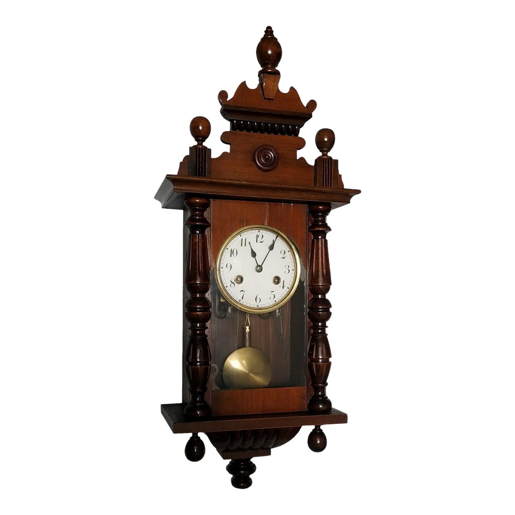 1923 Antique Mechanical Wooden Wall Clock by Gebrüder Junghans