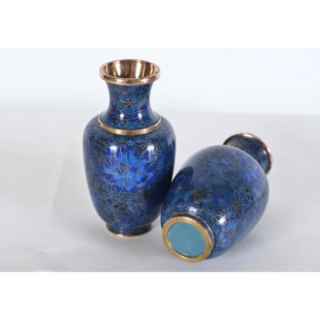 Metal Small Japanese Cloisonne Enamel Copper Flower Posy Vases Art Deco 1940s by Unknown for Unknown, Set of 2 For Sale - Image 7 of 14