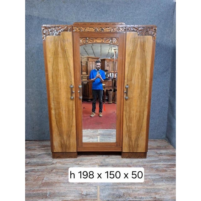 Art Deco Style Three-Door Mirrored Wardrobe in Fruitwood Veneer, 1930s For Sale - Image 9 of 10