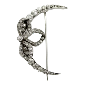 Early 20th Century Victorian Old Mine Cut Diamond Crescent Moon With Bow Brooch