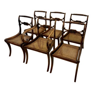 Antique Regency Mahogany Dining Chairs with Cane Seats, Five Singles & One Carver, 1830s, Set of 6 For Sale