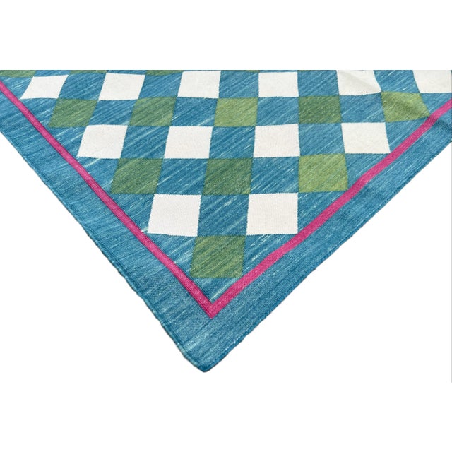Not Yet Made - Made To Order Handmade Cotton Vegetable Dyed Checked Gingham Area Rug Teal Blue With Cream and Forest Green - 8'x10' For Sale - Image 5 of 10