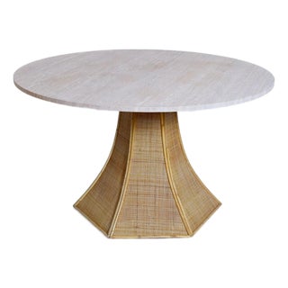 Caprarola Rattan and Travertine Round Table by Barracuda Interiors For Sale