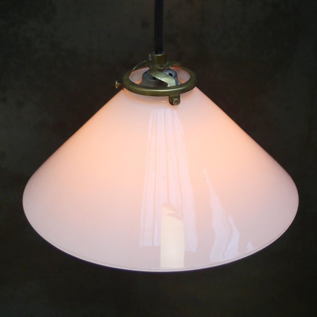 Mid-Century French Opaline Glass and Brass Pendant Lamp For Sale - Image 6 of 9