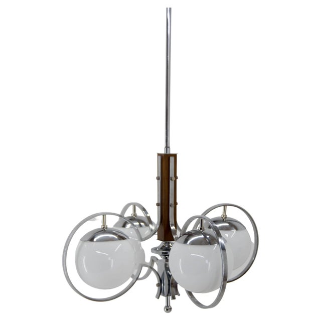 Art Deco Opaline Glass, Wood and Chrome Chandelier, 1930s For Sale - Image 13 of 13