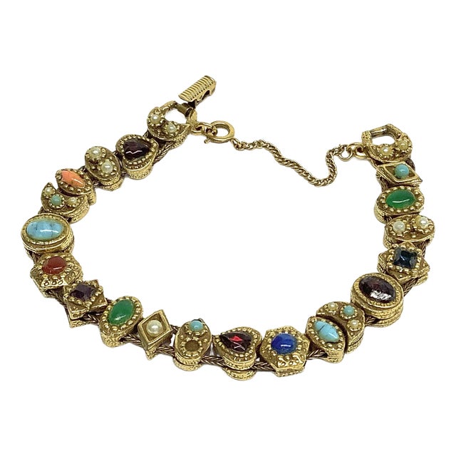 Vintage Goldette Multi Semiprecious Stone Goldtone Bracelet For Sale